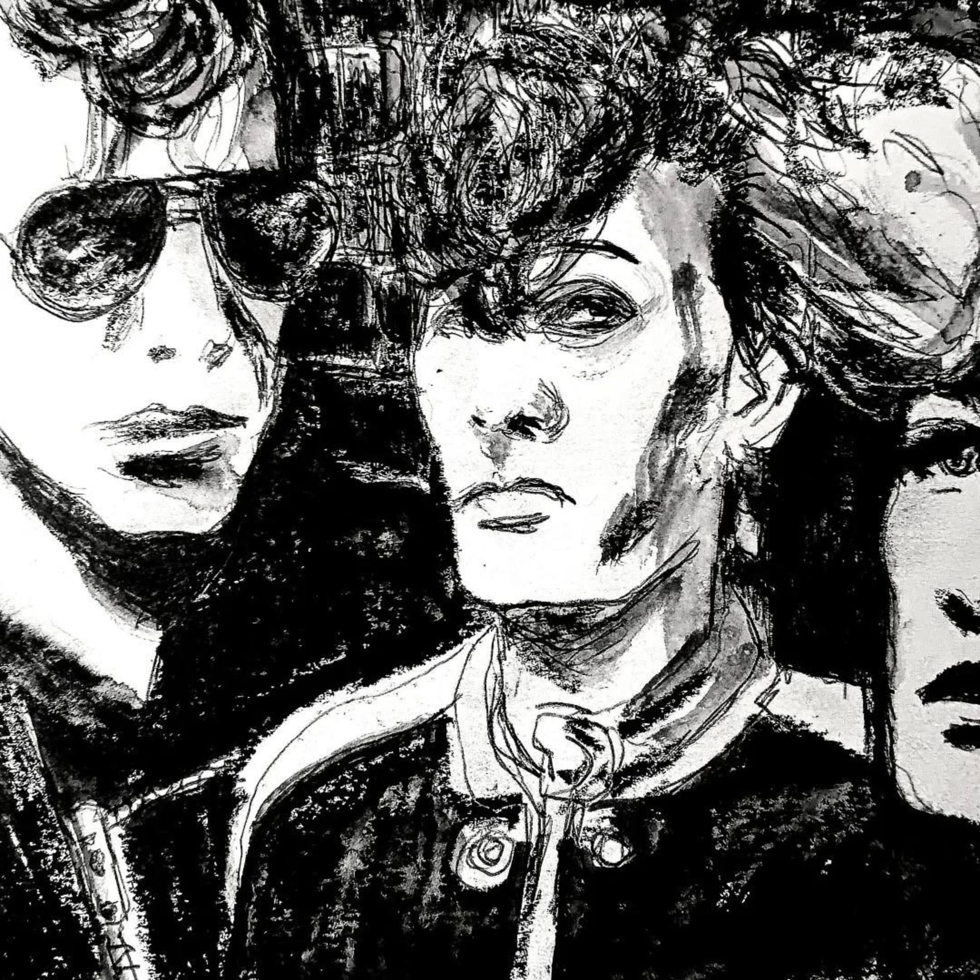 The Stray Cats — portrait de groupe, dessin au feutre noir & blanc