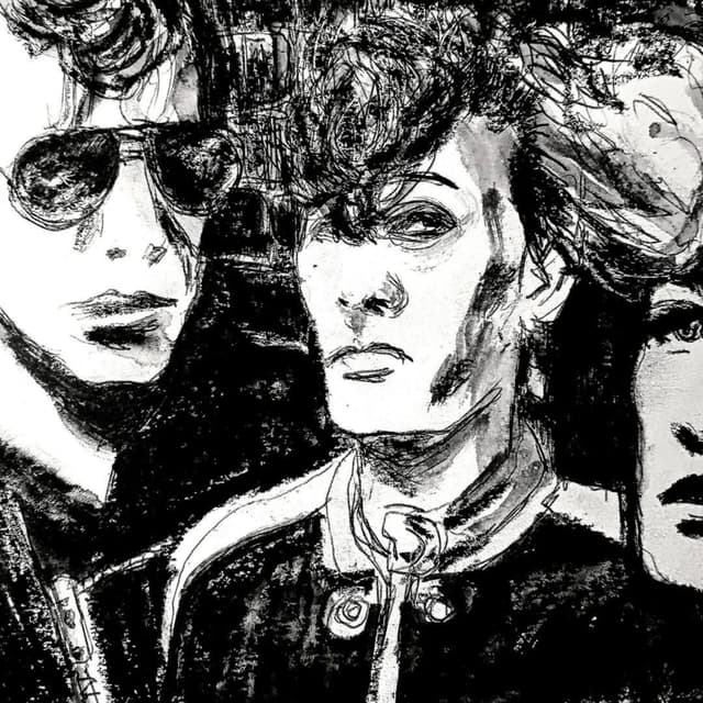 The Stray Cats — portrait de groupe, dessin au feutre noir & blanc