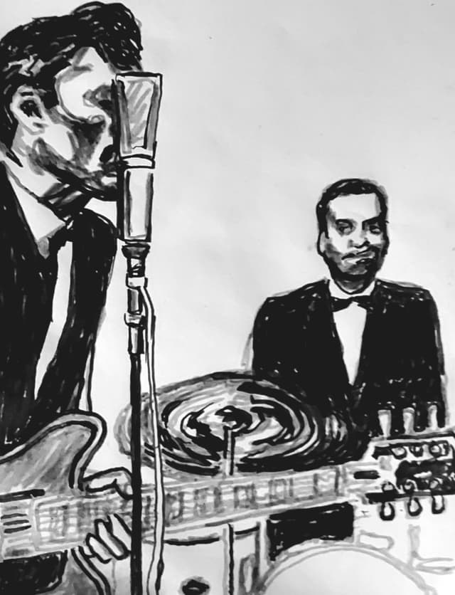 Chuck Berry — portrait, dessin au feutre noir & blanc