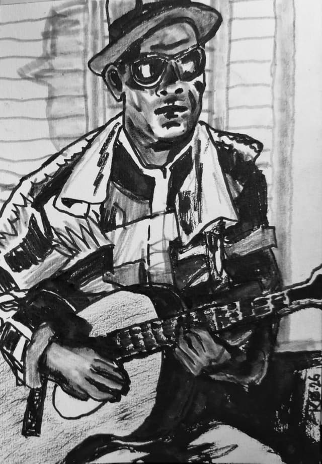 Lightnin' Hopkins — portrait, dessin au feutre noir & blanc